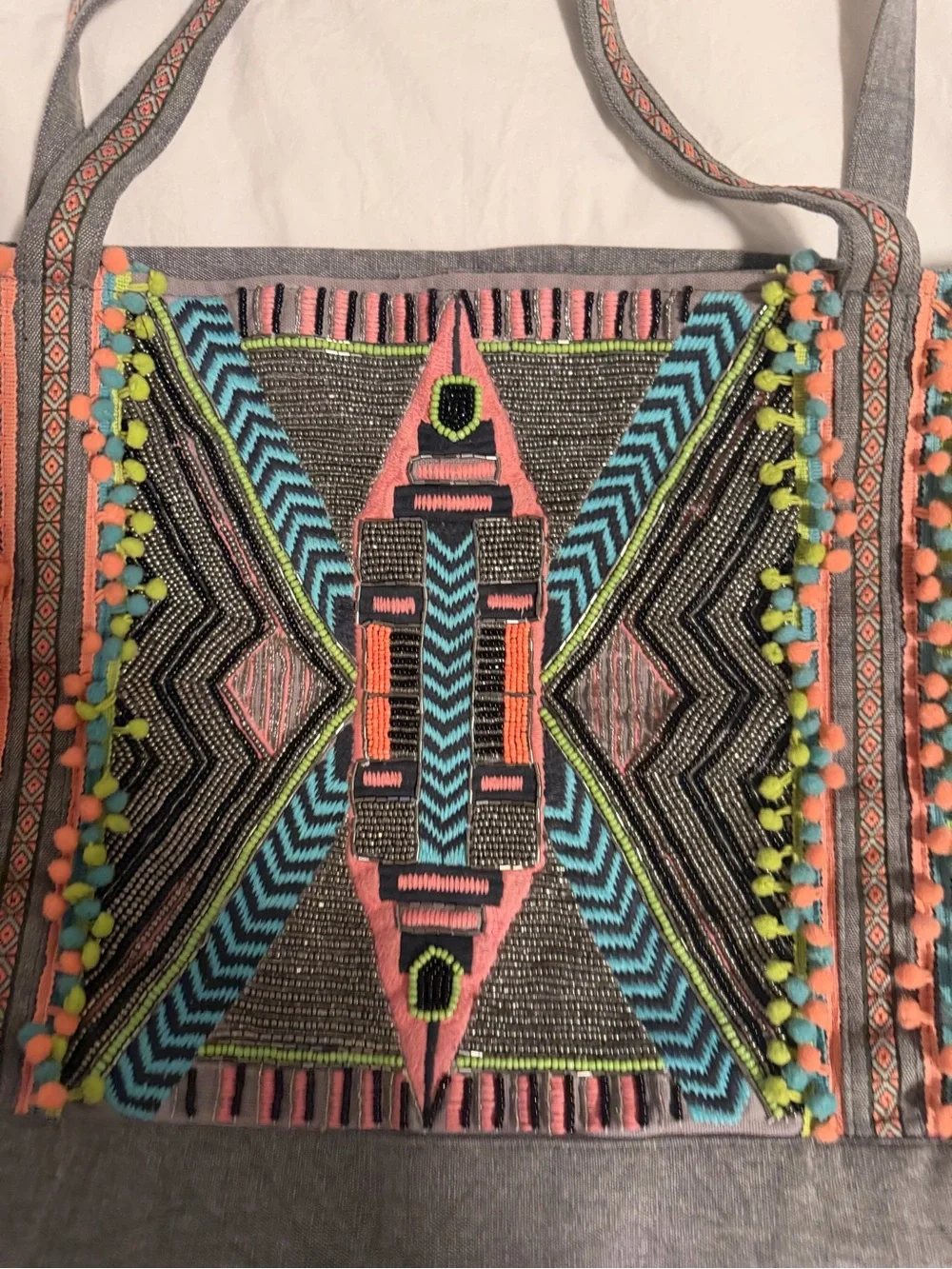Gray Embroidered Geometric Tote with Multicolor Trim